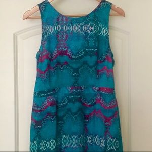 Sleeveless turquoise and fuchsia coral print dress